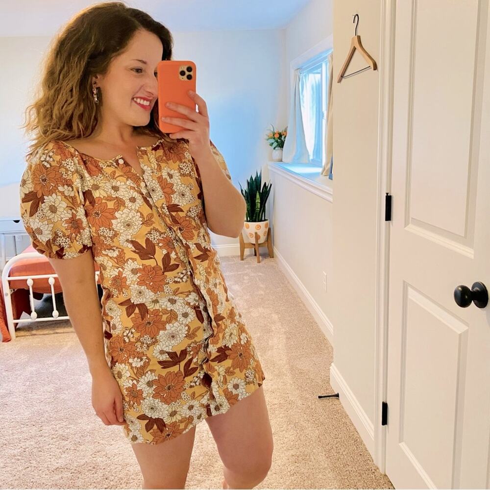 J. Crew Linen Cotton Floral Orange Brown Mini Dress 0